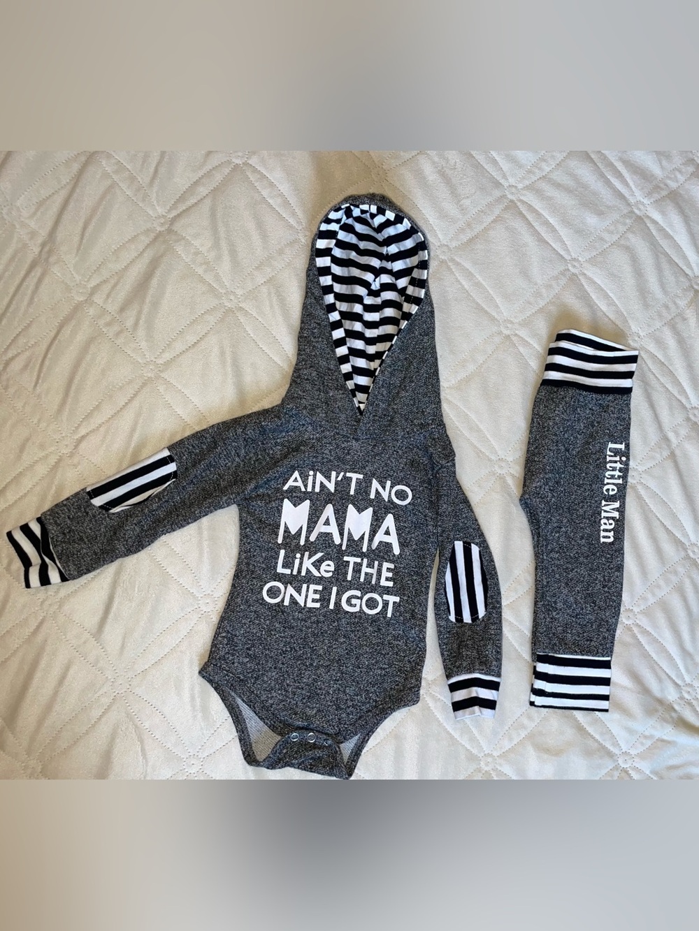Gray Hooded Baby Bodysuit with 'Ain't No Mama' Text and Striped Accents